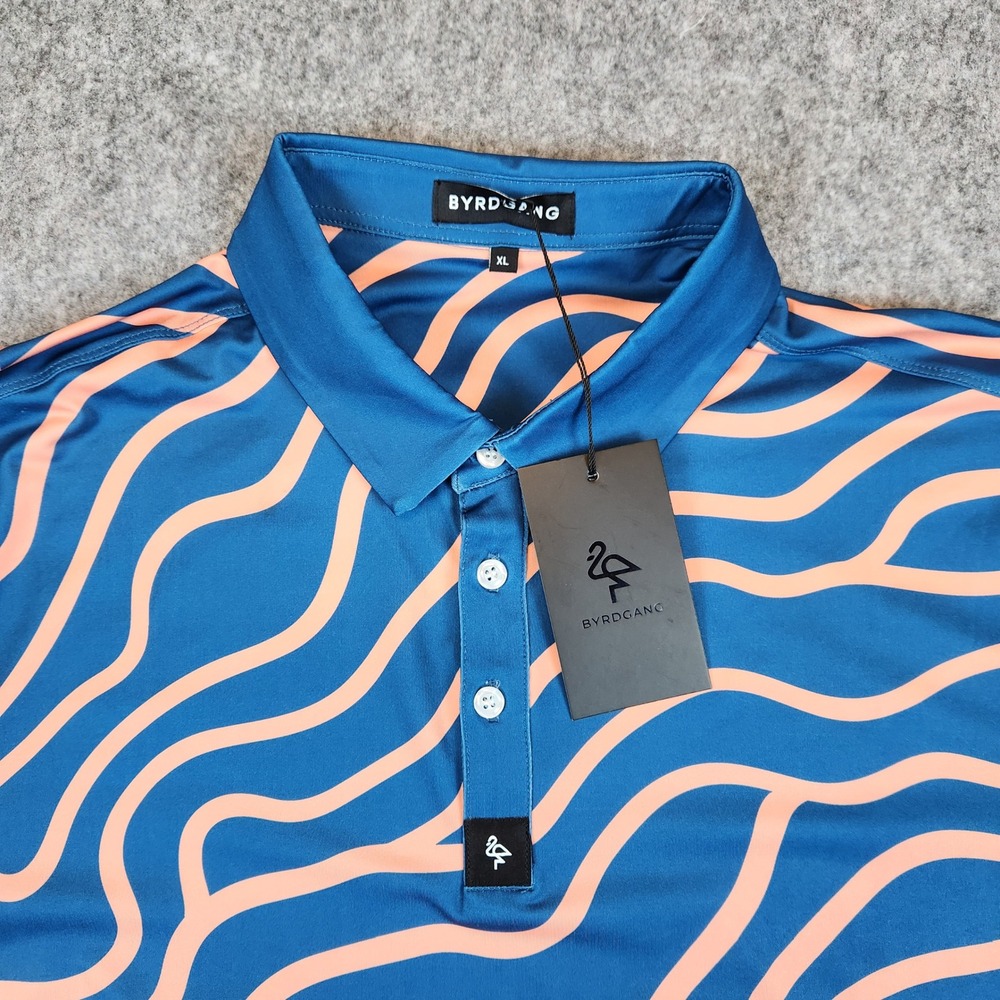NWT Byrdgang Polo Shirt Men XL Blue Performance Golf Abstract Wavy Stretch UPF50